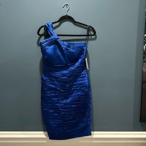 Calvin Klein • One Shoulder Sheath Dress • Cobalt Blue Satin • Size 10 • NWT